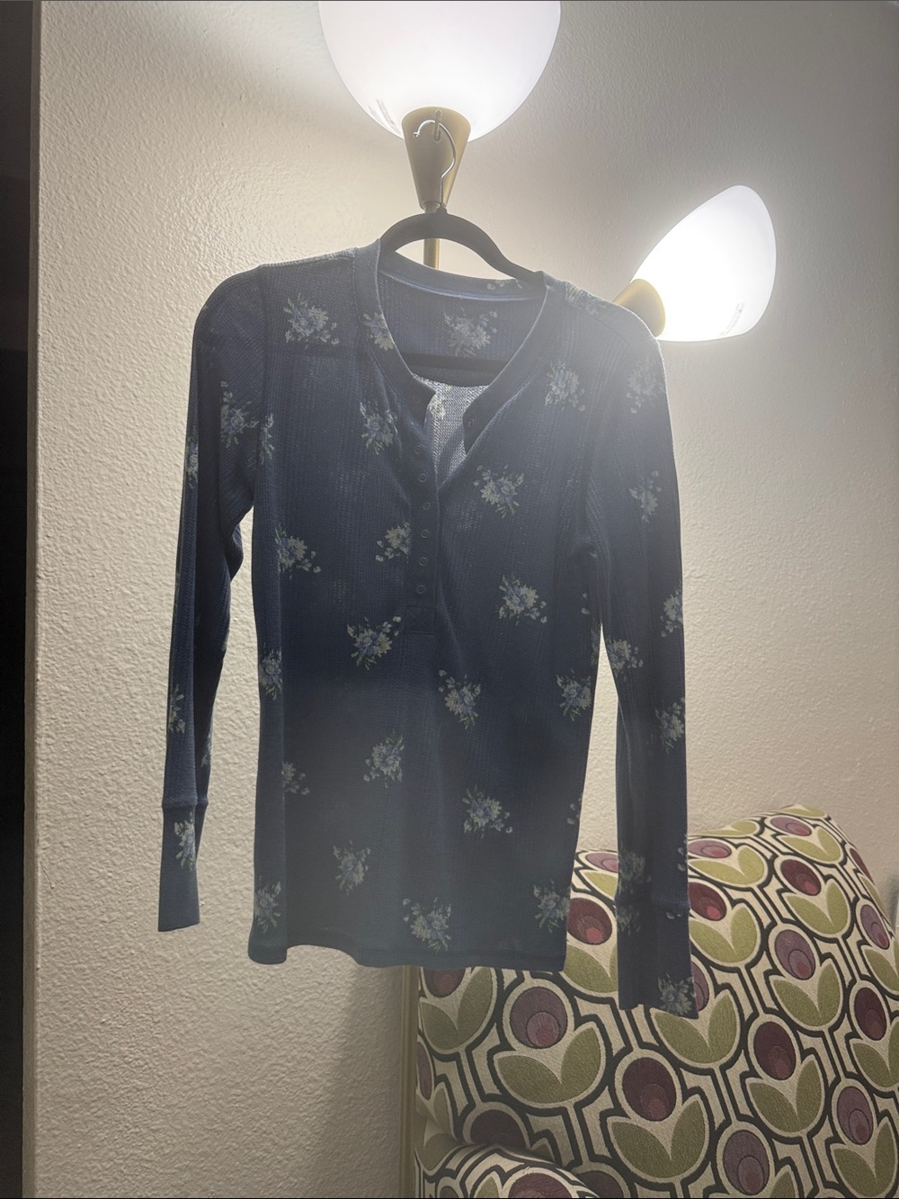 aerie Blue Floral Henley Long Sleeve Top